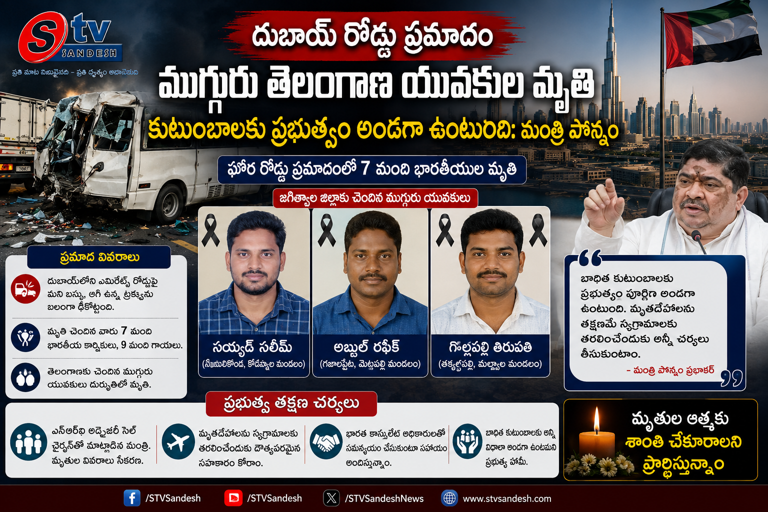 దుబాయ్ ప్రమాద బాధితులకు అండగా ప్రభుత్వం: మృతుల కుటుంబాలకు మంత్రి పొన్నం ప్రభాకర్ భరోసా